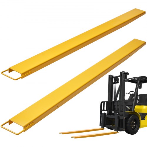 Yellow carbon steel pallet fork extensions, 84 inches long and 5.5 inches wide.