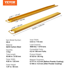Yellow 84-inch heavy duty carbon steel pallet fork extensions with dimensions and specs.