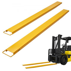 Two yellow 96-inch heavy duty carbon steel pallet fork extensions for forklifts.