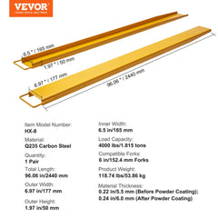 Yellow 96-inch heavy duty carbon steel pallet fork extensions for forklifts.