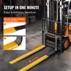 Yellow 96-inch heavy-duty carbon steel pallet fork extensions attached to a forklift for easy one-person installation.