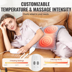 A woman relaxes on a couch using the 12x24-inch Bostome weighted heating pad with massage, showing 3 heat and 3 vibration settings.