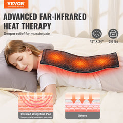 Bostome weighted heating pad measuring 12x24 inches with soft fleece and adjustable heat levels.