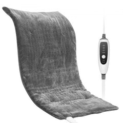 Gray weighted heating pad, 17x33 inches and 6.8 lbs, with controller and cord.