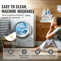 Easy-to-clean machine-washable weighted heating pad cover with care icons.