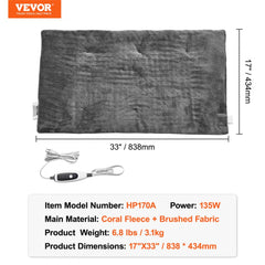 Gray weighted heating pad measuring 17x33 inches and weighing 6.8 lbs with power cord and dimensions labeled.