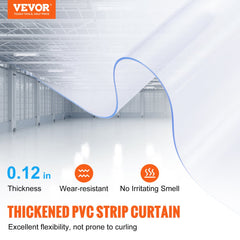 Clear PVC strip curtain roll, 100 ft long, 12 in wide, 0.12 in thick.