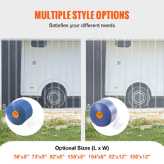 Image showing multiple size options for clear PVC strip curtains, including 50x75 inch and 82x100 inch rolls, displayed near a white vehicle.