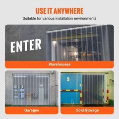 Clear PVC strip curtains installed as warehouse doors, garage entrances, and cold storage barriers.