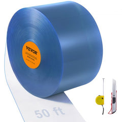 A roll of clear PVC strip curtain, 50 ft long with 8 in wide 0.08 in thick strips, shown with utility knife and tape measure.
