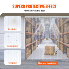 Clear PVC strip curtain in warehouse doorway blocking dust, insects, and rain with thermal insulation.