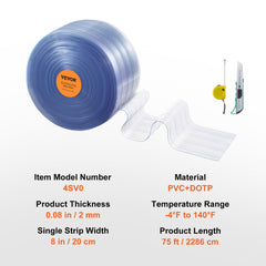 Clear ribbed PVC strip curtain, 75 feet long, 8 inches wide, 0.08 inches thick.