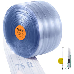 Clear ribbed PVC strip curtain roll, 75 feet long, 8 inches wide, 0.08 inches thick.