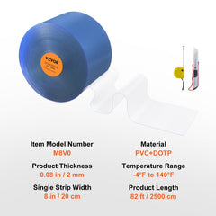 Clear PVC strip curtain, 82' long, 8" wide, 0.08" thick, flexible and easy to clean.