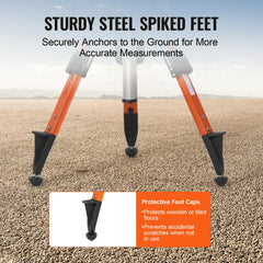 Adjustable tripod stand with orange legs, steel spiked feet, and protective caps.