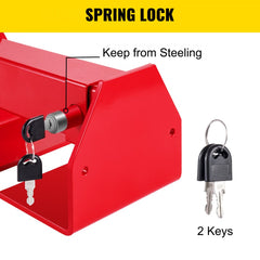 Red adjustable heavy-duty cargo container lock with spring mechanism, two keys, and steel frame.