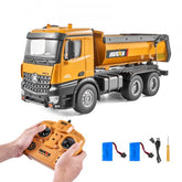 Bostome RC Dump Truck Toy in yellow with non-slip wheels and simulated hydraulic features.
