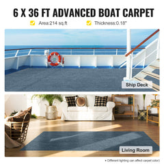Gray marine carpet measuring 6x36 ft, suitable for indoor and outdoor use.