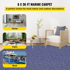 Deep blue marine carpet measuring 6x36 ft, suitable for outdoor patios and decks.