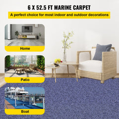 Deep blue outdoor rug measuring 6'x52.5' with low pile and anti-slide backing.