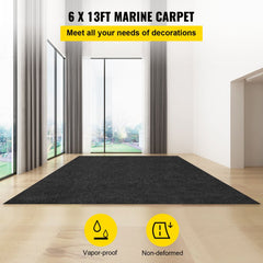 Charcoal black marine carpet measuring 6x13 ft with waterproof TPR backing and non-slip surface.