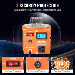 Orange Bostome 500VA variable voltage transformer with 110V input, 0-130V output, LCD display, power switch, fuse, and security protection icons.