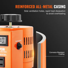 Orange Bostome 500VA variable voltage transformer with reinforced all-metal casing, side ventilation holes, LCD display, and control dial.