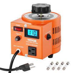 Orange Bostome 500VA variable voltage transformer with LCD display, dial knob, switches, and spare fuses.