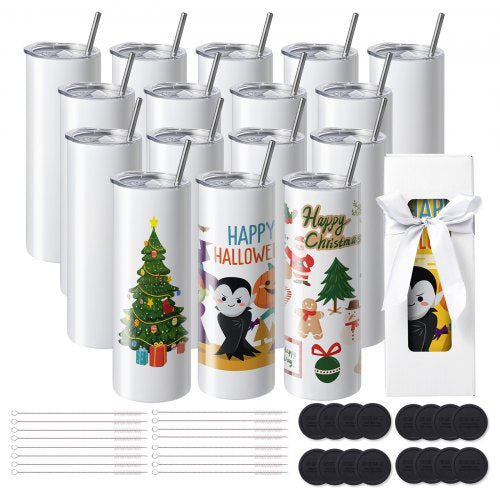 16-pack of 20oz stainless steel skinny tumblers with lids, straws, and shrink wraps.