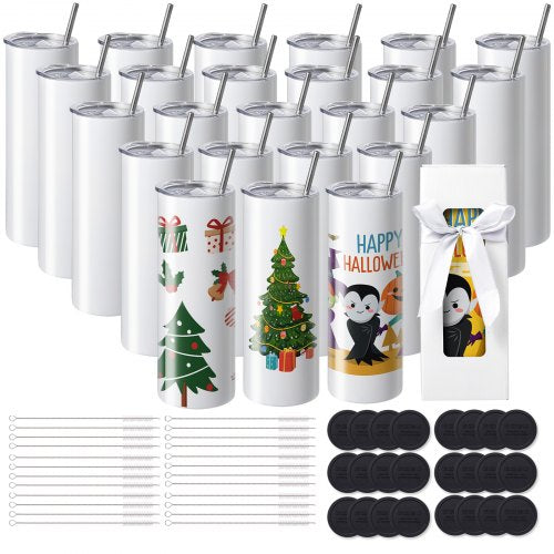 A set of 24 stainless steel 20oz skinny tumblers with white sublimation coating.