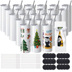 A set of 24 stainless steel 20oz skinny tumblers with white sublimation coating.