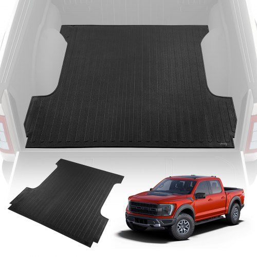 Black rubber truck bed mat for 2015-2023 Ford F-150 5.5ft short bed, shown installed and with vehicle.