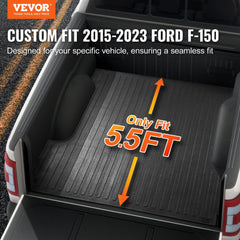 Black rubber truck bed mat custom-fit for 2015-2023 Ford F-150 5.5-foot short bed, shown installed in the truck bed.
