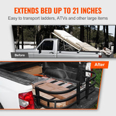 Bostome aluminum truck bed extender with adjustable length from 51.6" to 64" for pickups.
