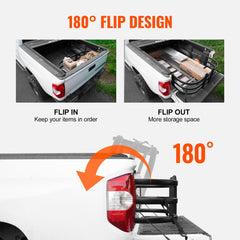 Aluminum retractable truck bed extender with 180-degree flip design, shown extended and folded on a pickup truck bed.