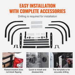 Aluminum retractable truck bed extender kit with brackets, accessories, and drilling template for 55.5-68 inch extension.