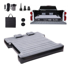Inflatable truck bed air mattress for 5.5-5.8 ft short beds with pump, pillows, and carry bag.