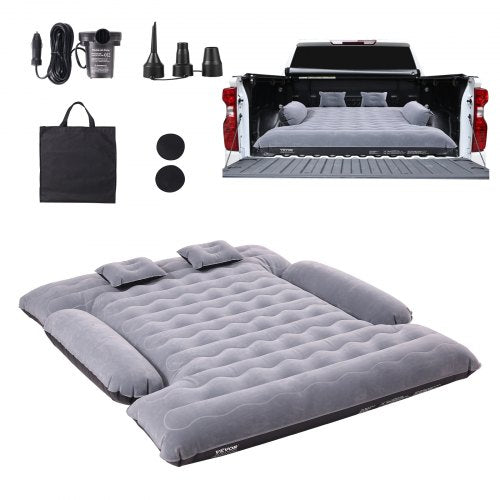 Gray truck bed air mattress with pillows, pump, and accessories for 6-6.5 ft beds.