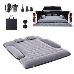 Gray inflatable truck bed mattress with pump, pillows, and carrying bag for 6-6.5 ft beds