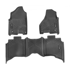 Set of black TPE floor mats for Dodge Ram 1500/2500/3500, featuring raised edges and textured surfaces.