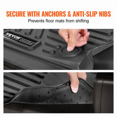 Close-up of Bostome TPE floor mats with anchors and anti-slip nibs securing them in a Dodge Ram.