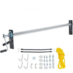 Bostome hand crank tarp roller kit with aluminum alloy telescoping bar from 64 to 104 inches, crank handle, ropes, and hardware.