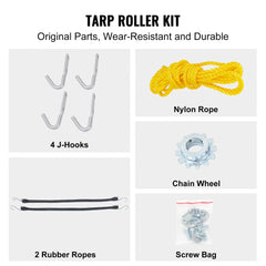 Bostome hand crank tarp roller kit with aluminum alloy frame, J-hooks, nylon rope, rubber ropes, chain wheel, and screws.