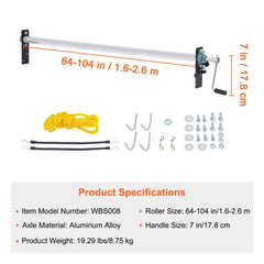 Aluminum alloy hand crank tarp roller kit with 64-104in telescoping roller and crank.