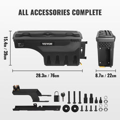 Lockable ABS storage box for passenger side wheel well of 2015-2021 Ford F-150 truck bed.