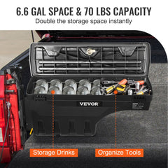 Bostome truck bed storage box for Silverado/Sierra 1500 with a swiveling design and lock.