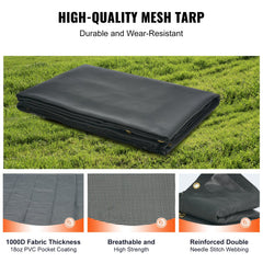 Black 6x14 ft mesh tarp for dump trucks with PVC coating and reinforced edges.