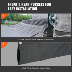 Black 6x14 ft PVC-coated mesh dump truck tarp with front roller pocket and rear rope pocket.