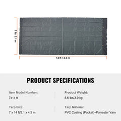 Black 7x14 ft PVC coated mesh tarp for dump trucks with reinforced pockets and grommets.