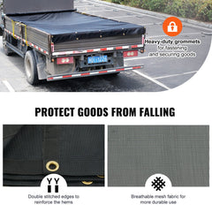 Heavy-duty black PVC-coated mesh tarp measuring 8x18 ft for dump trucks.
